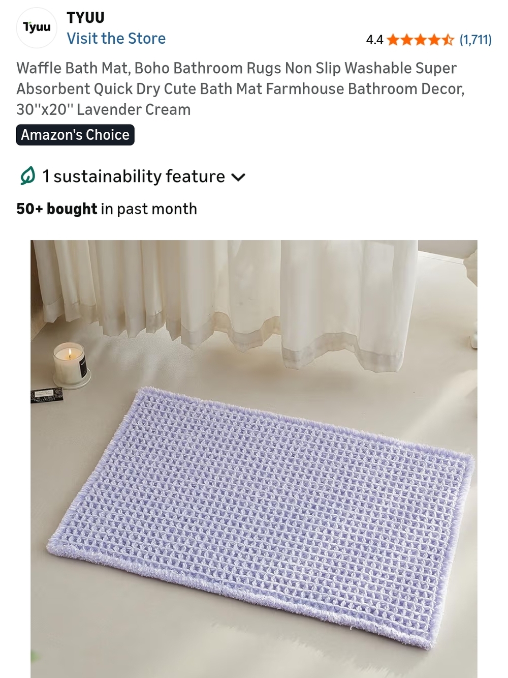 Yuu Lavender Waffle Bath Mat - Soft Non-Slip Plush Rug